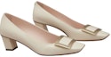 Lookbook (Women) Roger Vivier Square Toe Block Heel Pumps 'Beige Patent with Metal Buckle' RVW00600920D1P9999
