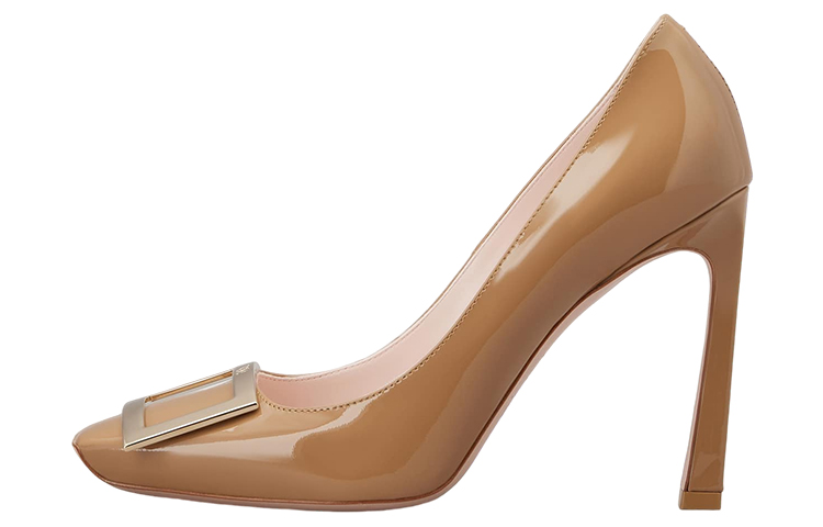 (W) Roger Vivier Square Toe Patent Leather High Heels 'Metal Buckle Brown'