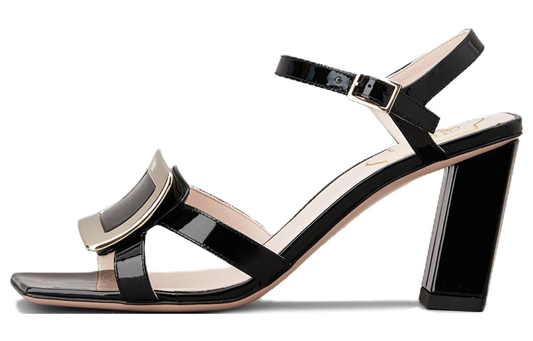 (W) Roger Vivier Square Toe Patent Slides with Metal Buckle 7.5cm 'Black'