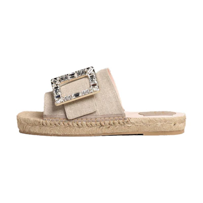 (W) Roger Vivier Strass Buckle 'CMFT Brown Espadrille Mules'