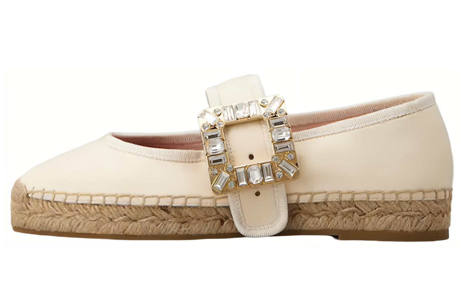 (W) Roger Vivier Strass Buckle Leather Flats 'Beige'