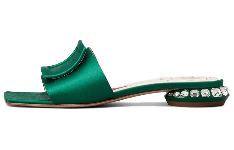 (Women) Roger Vivier Strass Heel 'Green Satin Square Buckle Mule' RVW69132170RS0V016