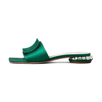 (W) Roger Vivier Strass Heel 'Green Satin Square Buckle Mule'