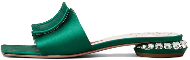 (Women) Roger Vivier Strass Heel 'Green Satin Square Buckle Mule' RVW69132170RS0V016 (Women) Roger Vivier Strass Heel 'Green Satin Square Buckle Mule' RVW69132170RS0V016