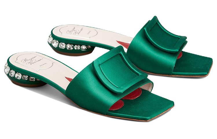 (W) Roger Vivier Strass Heel 'Green Satin Square Buckle Mule' 圖 2