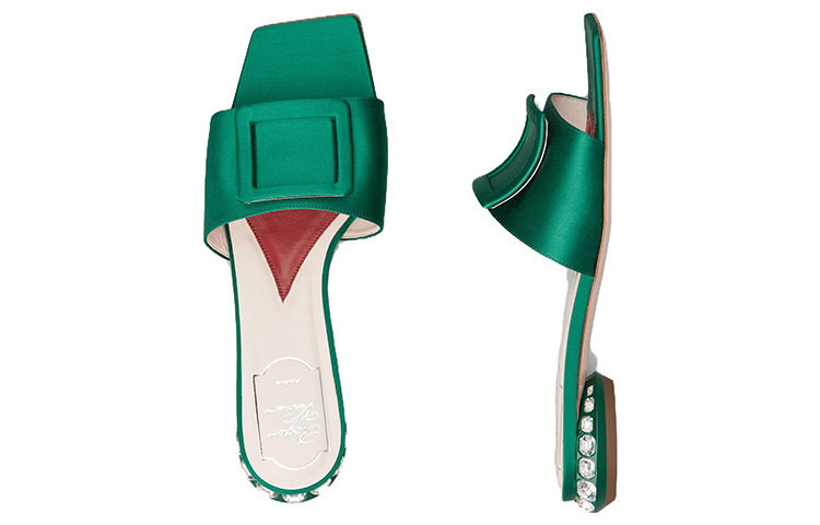(W) Roger Vivier Strass Heel 'Green Satin Square Buckle Mule' 圖 4