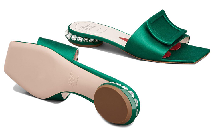 (W) Roger Vivier Strass Heel 'Green Satin Square Buckle Mule' 圖 5