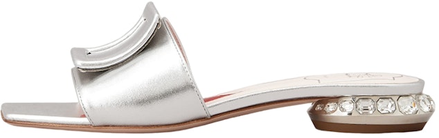 (Women) Roger Vivier Strass Heel Leather Square Toe Slide 'Silver' RVW69132170KACB200 (Women) Roger Vivier Strass Heel Leather Square Toe Slide 'Silver' RVW69132170KACB200