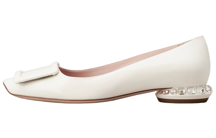 (W) Roger Vivier Strass Heel Patent Square Toe Ballet Flats 'White Crystal'