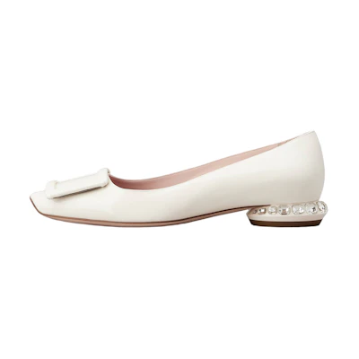(W) Roger Vivier Strass Heel Patent Square Toe Ballet Flats 'White Crystal'