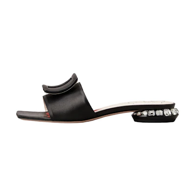 (W) Roger Vivier Strass Leather Slides 'Crystal Square Toe Black'