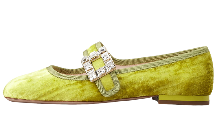 (W) Roger Vivier Très Vivier Velvet Ballet Flats 'Green Crystal Buckle'