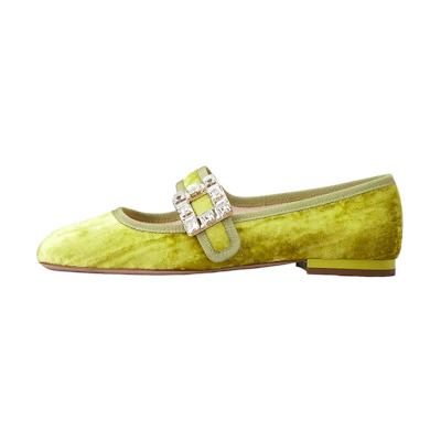 (W) Roger Vivier Très Vivier Velvet Ballet Flats 'Green Crystal Buckle'