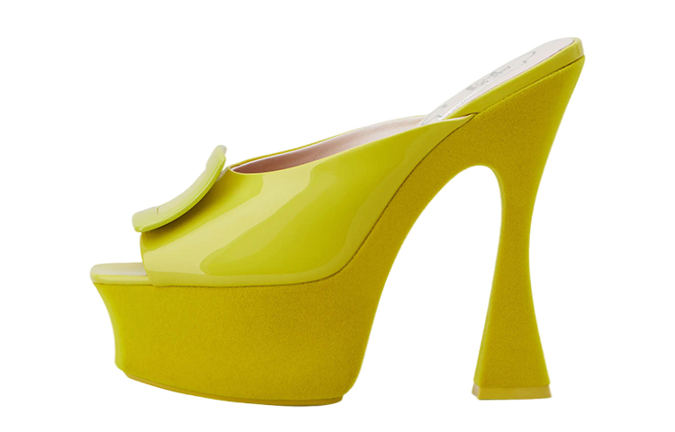 (W) Roger Vivier Trompette 'Yellow Patent Buckle Mules'