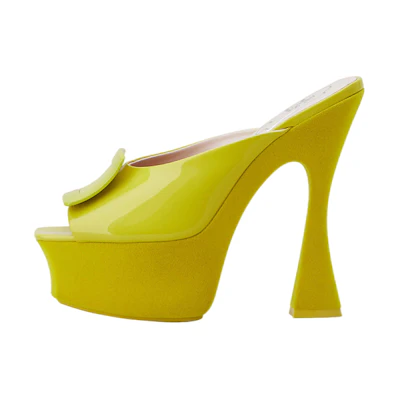 (W) Roger Vivier Trompette 'Yellow Patent Buckle Mules'