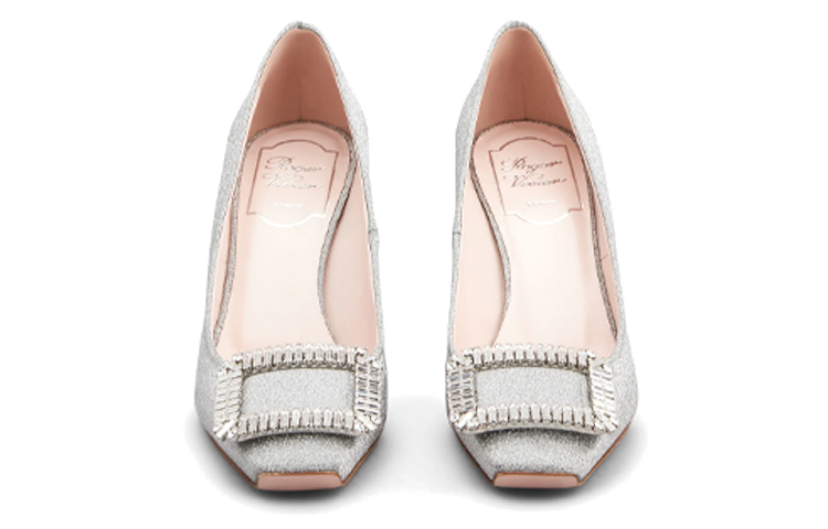 Shop Roger Vivier Trompette 水晶时尚优雅织物鑽扣高跟鞋 女款 銀色