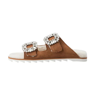 (W) Roger Vivier Velvet Crystal Buckle Sandal 'Brown'