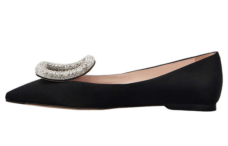 (W) Roger Vivier Viv' Choc 'Black Satin Ballet Flats with Crystal Buckle'