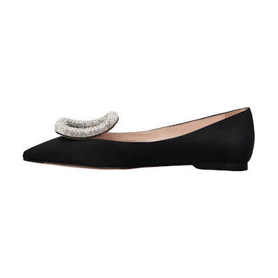 (W) Roger Vivier Viv' Choc 'Black Satin Ballet Flats with Crystal Buckle'