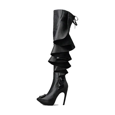 (W) Roger Vivier Viv' Choc Rouches Pointed Toe Stiletto Zip Over-The-Knee Boots 'Black'