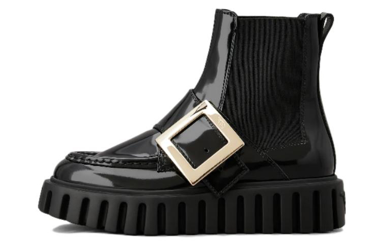 (Women) Roger Vivier Viv' Go-Thick 'Metal Buckle Patent Leather Chelsea Boot Black' RVW64634420MRKB999
