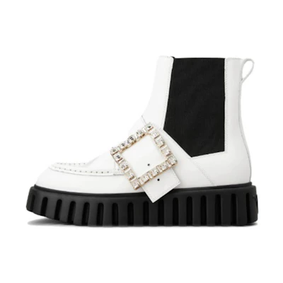 (W) Roger Vivier Viv' Go-Thick Chelsea Boot 'Metal Buckle White Patent Leather'