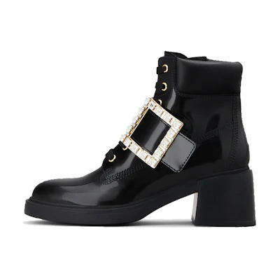 (W) Roger Vivier Viv' Rangers 'Crystal Buckle Black Leather Ankle Boots'