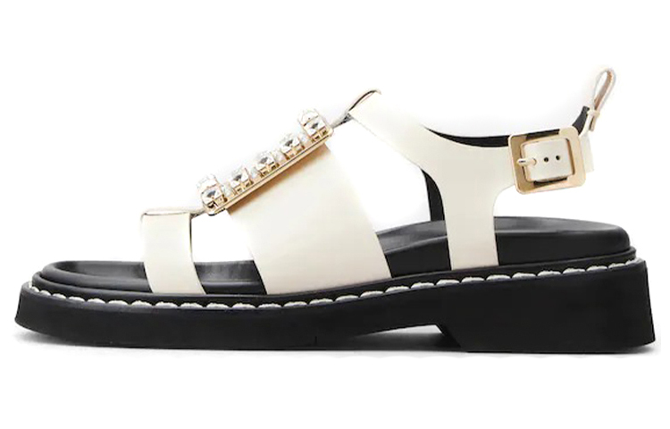 (W) Roger Vivier Viv' Rangers 'Crystal Buckle Beige Leather Sandals'