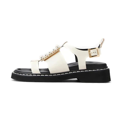 (W) Roger Vivier Viv' Rangers 'Crystal Buckle Beige Leather Sandals'