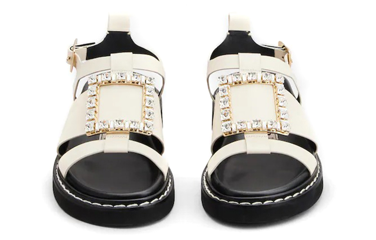 (W) Roger Vivier Viv' Rangers 'Crystal Buckle Beige Leather Sandals' 圖 3
