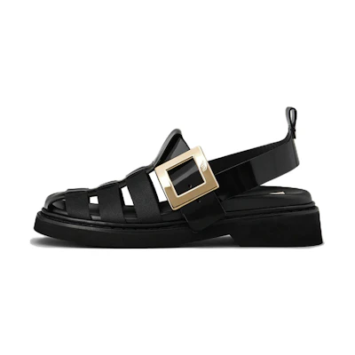 (W) Roger Vivier Viv' Rangers 'Metal Buckle Fisherman Leather Sandals Black'