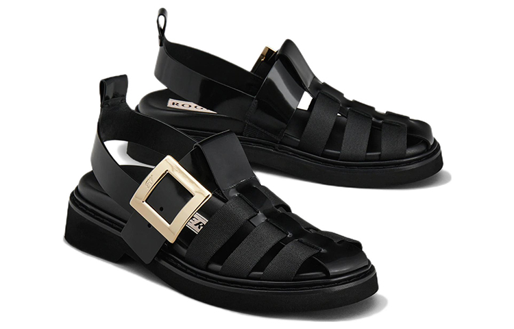 (W) Roger Vivier Viv' Rangers 'Metal Buckle Fisherman Leather Sandals Black' 圖 2