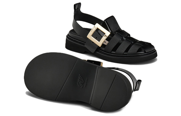 (W) Roger Vivier Viv' Rangers 'Metal Buckle Fisherman Leather Sandals Black' 圖 6
