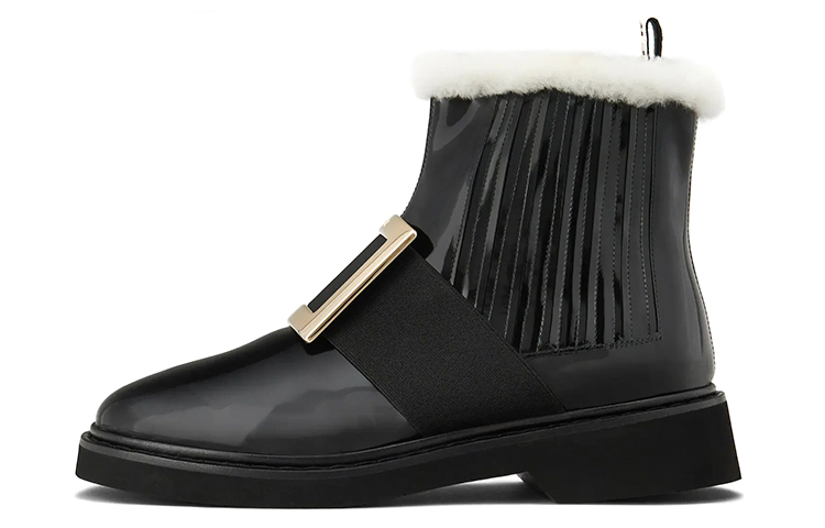 (W) Roger Vivier Viv' Rangers 'Patent Leather Metal Buckle Fur Black'