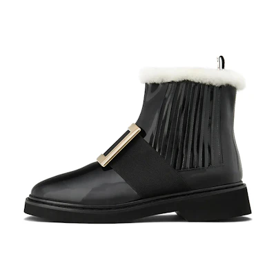 (W) Roger Vivier Viv' Rangers 'Patent Leather Metal Buckle Fur Black'
