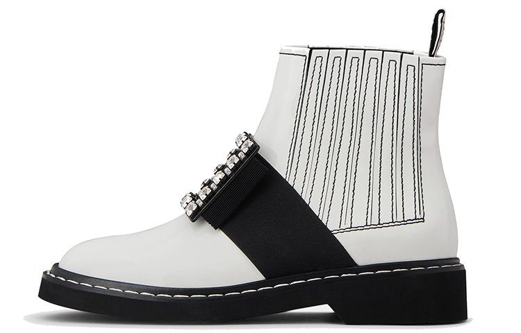(W) Roger Vivier Viv' Rangers 'White Studded Embroidered Leather Ankle Boot'