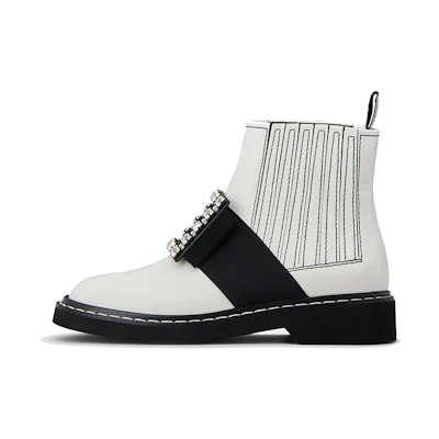 (W) Roger Vivier Viv' Rangers 'White Studded Embroidered Leather Ankle Boot'