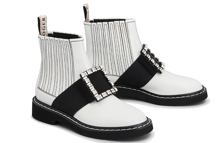 (W) Roger Vivier Viv' Rangers 'White Studded Embroidered Leather Ankle Boot' 圖 2