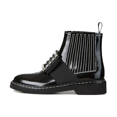 (W) Roger Vivier Viv' Rangers Boots 'Crystal Buckle Embroidered Black Leather Chelsea'