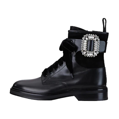 (W) Roger Vivier Viv' Rangers Strass 'Black Buckle Leather Bootie'