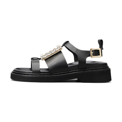 (W) Roger Vivier Viv' Rangers Strass Buckle Leather Sandals 'Black'