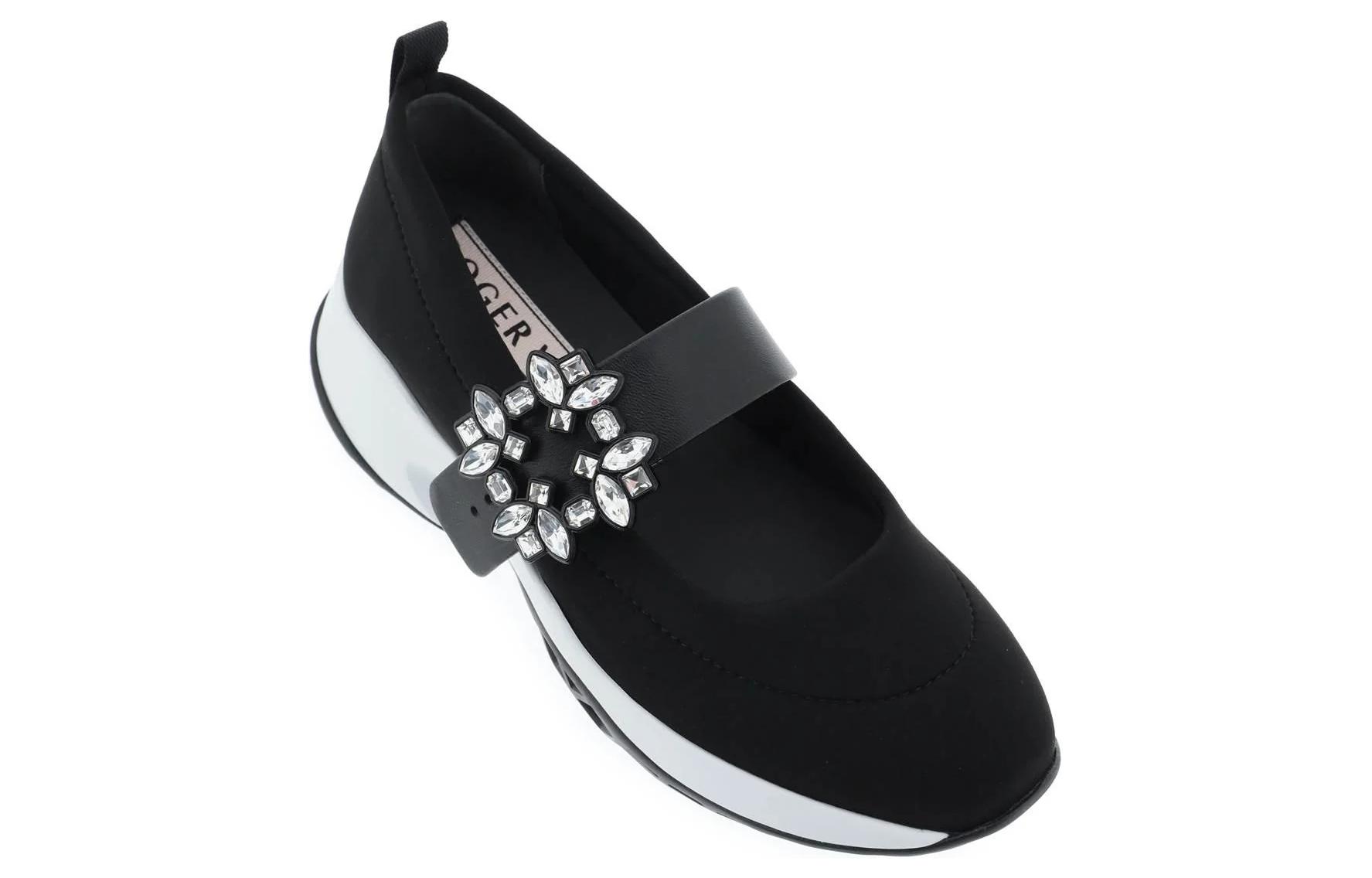 Order (W) Roger Vivier Viv'' Run Babies Hitam Putih dengan Kristal Gesper RVW50637520T81B999