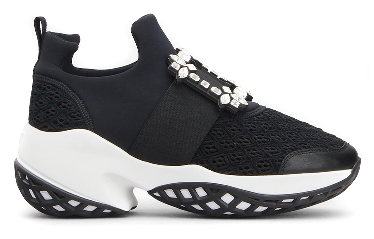 (Women) Roger Vivier Viv' Run Fabric Black White Crystal Buckle RVW50624180KOTB999