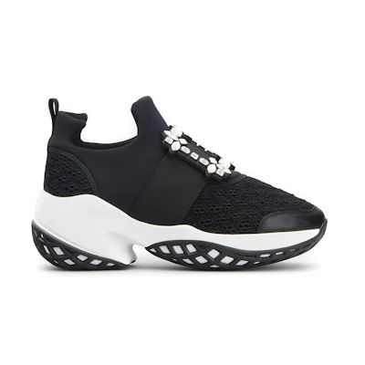 (W) Roger Vivier Viv' Run Fabric Black White Crystal Buckle