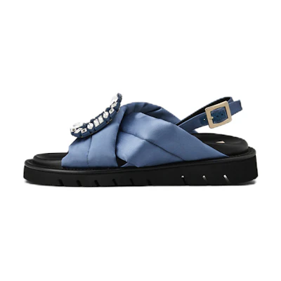 (W) Roger Vivier Viv' Winter Puffy Sandals 'Blue Satin Crystal Buckle'