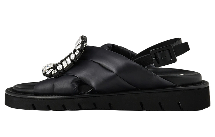 (Women) Roger Vivier Viv' Winter Puffy Strass Buckle Fabric Sandals 'Black' RVW65432410MJ4B999