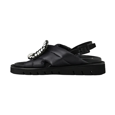 (W) Roger Vivier Viv' Winter Puffy Strass Buckle Fabric Sandals 'Black'