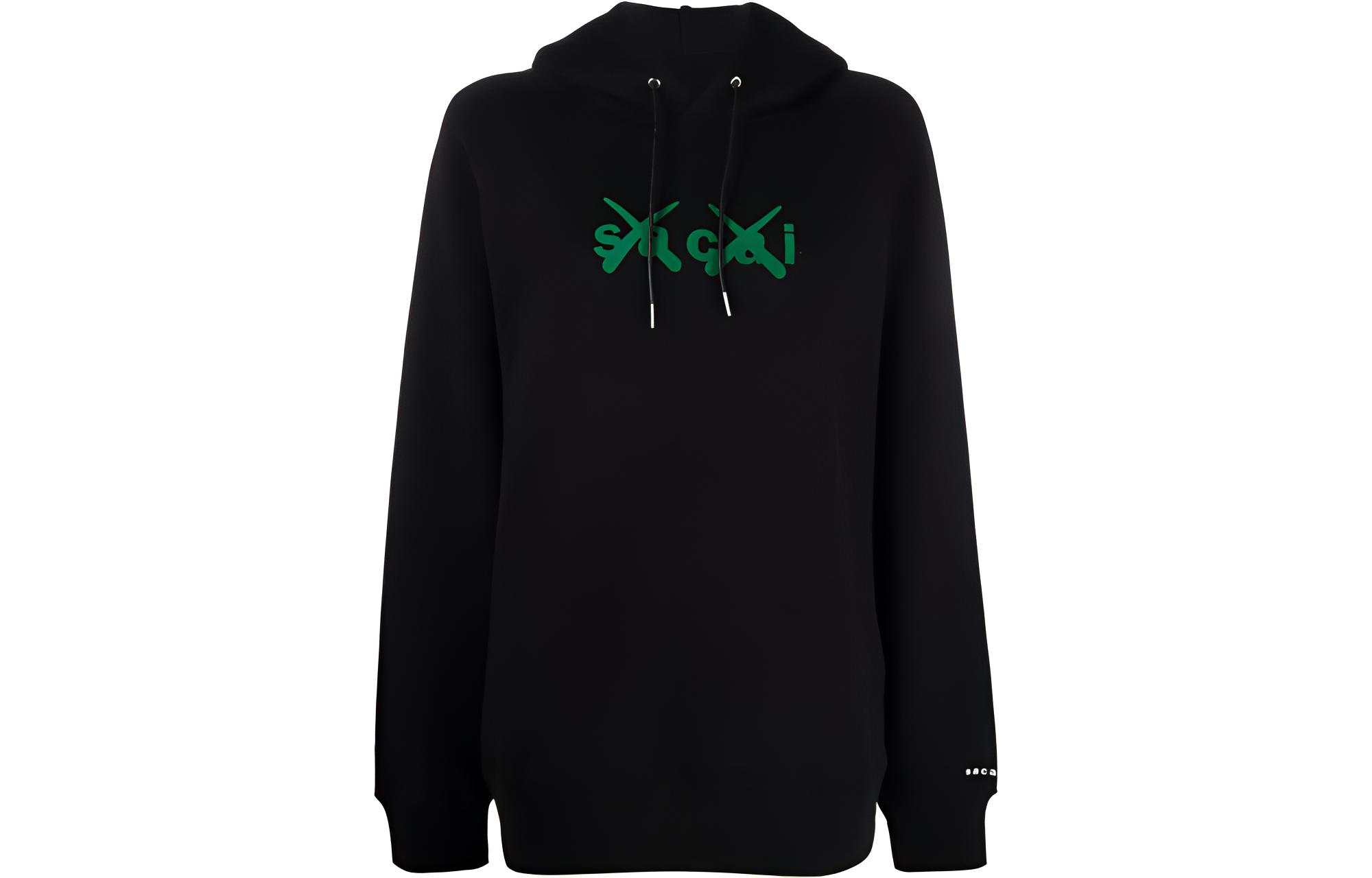 (Women) Sacai x Kaws SS22  Black Cotton Drawstring Hoodie with Letter Print. 21-0286S013