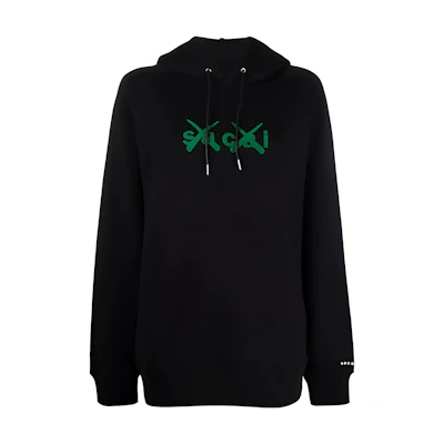 (Women) Sacai Kaws SS22 Black Cotton Drawstring Hoodie with Letter Print. 21-0286S013