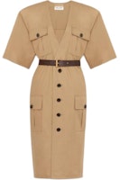 (Women) Saint Laurent Beige Short Sleeve Midi Dress with Belt and V-Neck. 790089Y3A992611 (Women) Saint Laurent Beige Short Sleeve Midi Dress with Belt and V-Neck. 790089Y3A992611